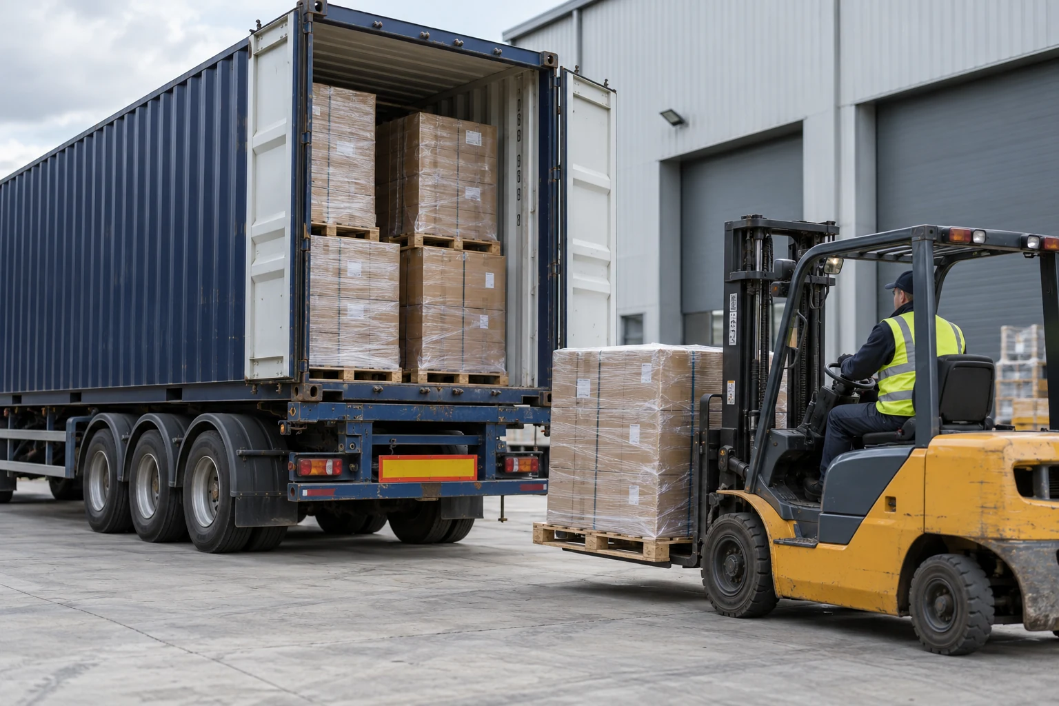 Forklift unloading palletised cartons from a shipping container at a warehouse
